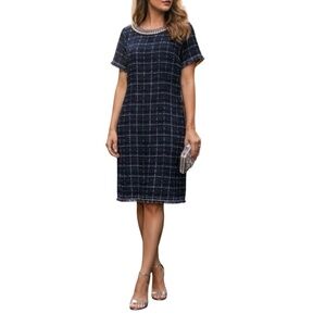 #A126 CHETTAB Parisian Chic Black Tweed Pearl Chain Dress New NoTag  Size 12